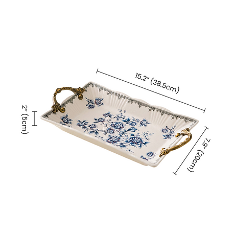 Blue and White Porcelain Serving Tray with Antique Alloy Handles — Crackle Glaze Decorative Tray, Chinoiserie Peony Pattern, Vanity Organizer & Jewelry Tray