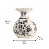 Chinoiserie Blue and White Ceramic Flower Vase, Round Crackle Glaze Vase with Peony Pattern Ruffled Rim