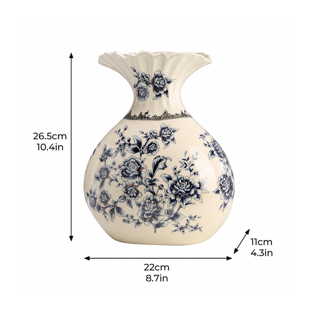 Chinoiserie Blue and White Ceramic Flower Vase, Round Crackle Glaze Vase with Peony Pattern Ruffled Rim