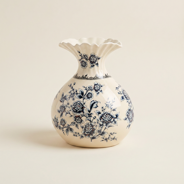 Chinoiserie Blue and White Ceramic Flower Vase, Round Crackle Glaze Vase with Peony Pattern Ruffled Rim