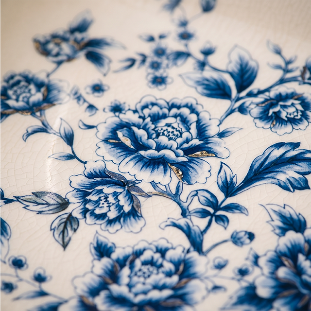 Blue and White Porcelain Serving Tray with Antique Alloy Handles — Crackle Glaze Decorative Tray, Chinoiserie Peony Pattern, Vanity Organizer & Jewelry Tray