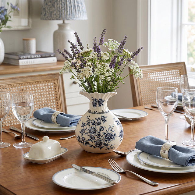Chinoiserie Blue and White Ceramic Flower Vase, Round Crackle Glaze Vase with Peony Pattern Ruffled Rim