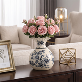 Chinoiserie Blue and White Ceramic Flower Vase, Round Crackle Glaze Vase with Peony Pattern Ruffled Rim