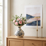 Chinoiserie Blue and White Ceramic Flower Vase, Round Crackle Glaze Vase with Peony Pattern Ruffled Rim