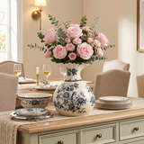 Chinoiserie Blue and White Ceramic Flower Vase, Round Crackle Glaze Vase with Peony Pattern Ruffled Rim