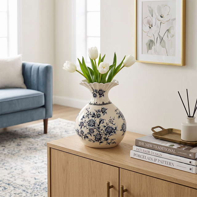 Chinoiserie Blue and White Ceramic Flower Vase, Round Crackle Glaze Vase with Peony Pattern Ruffled Rim