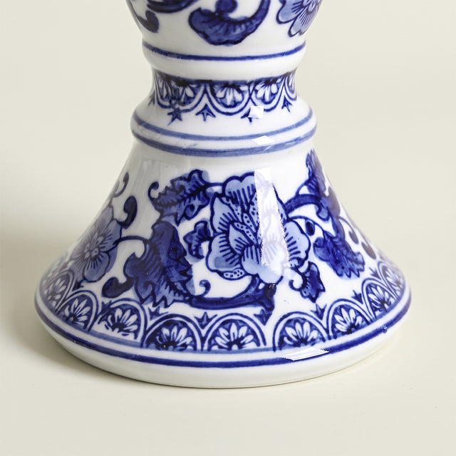 Blue & White Porcelain Taper Candlestick Holder — Traditional Floral Scroll Pattern, Chinoiserie Ceramic Candle Holder for Dining Table & Mantel