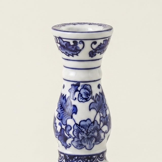 Blue & White Porcelain Taper Candlestick Holder — Traditional Floral Scroll Pattern, Chinoiserie Ceramic Candle Holder for Dining Table & Mantel