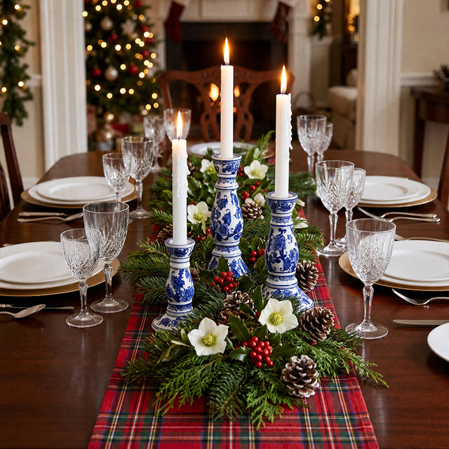 Blue & White Porcelain Taper Candlestick Holder — Traditional Floral Scroll Pattern, Chinoiserie Ceramic Candle Holder for Dining Table & Mantel