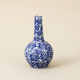Blue and White Chinoiserie Vase — Ceramic Floral Long Neck Bottle Vase for Shelf, Sideboard & Traditional Home Décor