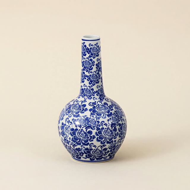 Blue and White Chinoiserie Vase — Ceramic Floral Long Neck Bottle Vase for Shelf, Sideboard & Traditional Home Décor