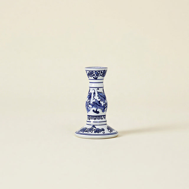 Blue & White Porcelain Taper Candlestick Holder — Traditional Floral Scroll Pattern, Chinoiserie Ceramic Candle Holder for Dining Table & Mantel