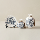 Blue and White Chinoiserie Vase Set of 3, Peony Ceramic Decorative Vases with Plate Stand and Gold Tassel for Home Decor