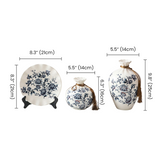 Blue and White Chinoiserie Vase Set of 3, Peony Ceramic Decorative Vases with Plate Stand and Gold Tassel for Home Decor