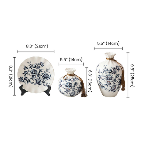 Blue and White Chinoiserie Vase Set of 3, Peony Ceramic Decorative Vases with Plate Stand and Gold Tassel for Home Decor