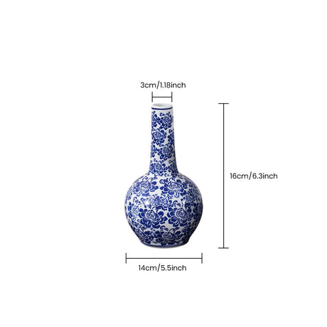 Blue and White Chinoiserie Vase — Ceramic Floral Long Neck Bottle Vase for Shelf, Sideboard & Traditional Home Décor