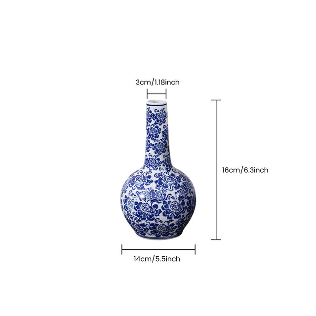 Blue and White Chinoiserie Vase — Ceramic Floral Long Neck Bottle Vase for Shelf, Sideboard & Traditional Home Décor
