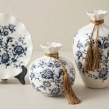 Blue and White Chinoiserie Vase Set of 3, Peony Ceramic Decorative Vases with Plate Stand and Gold Tassel for Home Decor