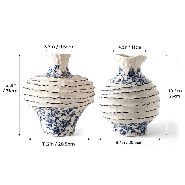 Blue and White Floral Ceramic Vase, Hand-Painted Textured Wabi-Sabi Decor for Dining Table, Console, Entryway