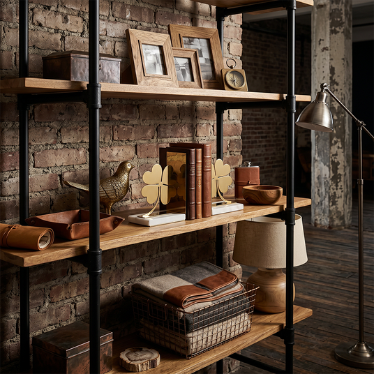 Bookends on industrial metal shelf
