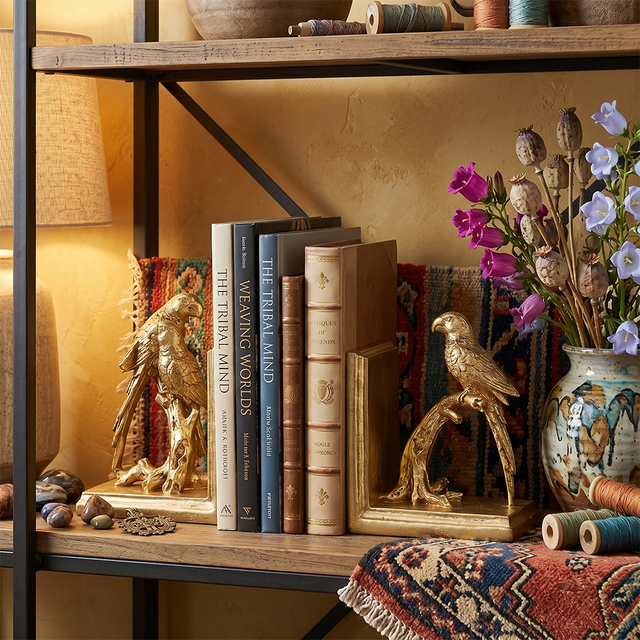 Bookends on metal storage shelf
