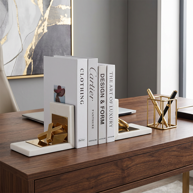 Bookends on rustic wood desk
