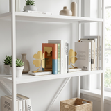 Bookends on white open  bookshelf
