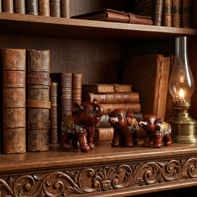 Set of 3 Resin Elephant Figurines – Rosewood Finish, Gold & Silver Embossed Floral Saddles, Lucky Elephant Statues for Mantel Shelf Home Decor