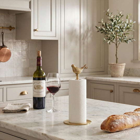 Brass bird towel rack on wine themed kitchen table