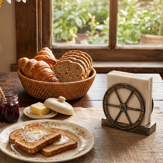 Brown Wagon Wheel Holder With Bread Basket