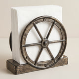 Brown Wagon Wheel With White Napkins