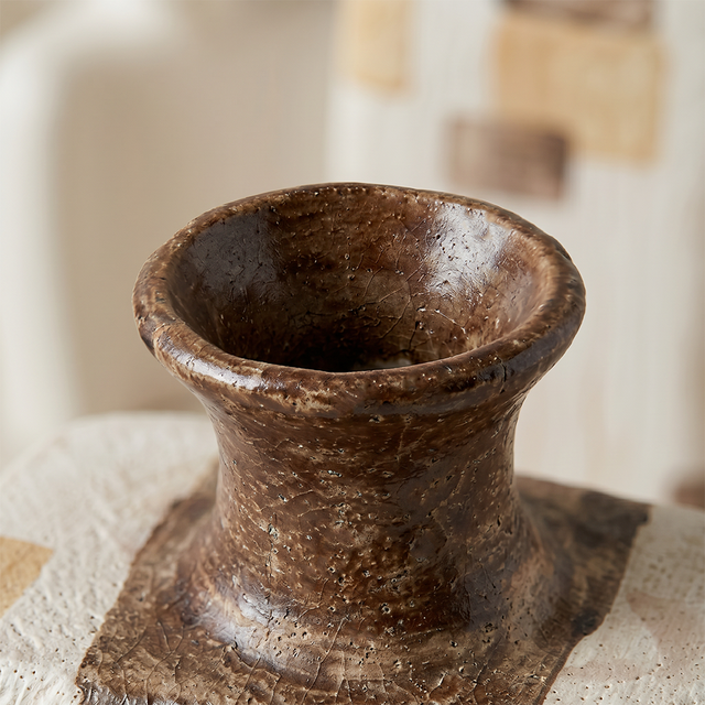 Small Abstract Hand-Painted Ceramic Bud Vase, Rustic Stoneware Decorative Vase for Dried Flowers — Boho Wabi-Sabi Decor for Shelf, Desk & Dining Table