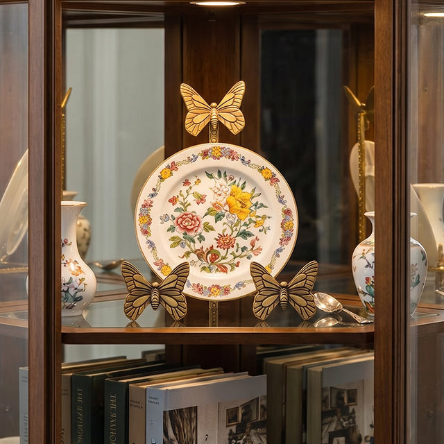 Butterfly plate stand inside wood glass display cabinet