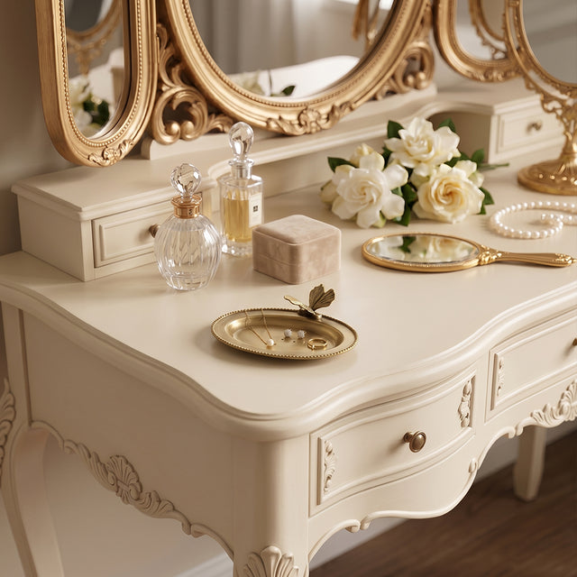 Butterfly tray on luxury white  makeup dresser