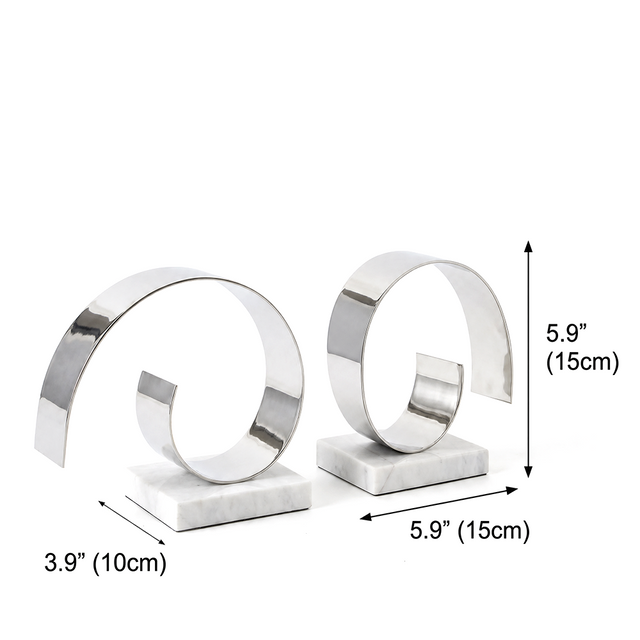 Decorative Silver Spiral C-Form Bookends with White Marble Base Set of 2– Modern Stainless Steel & Marble Book-Ends for Shelves, Desk & Living Room