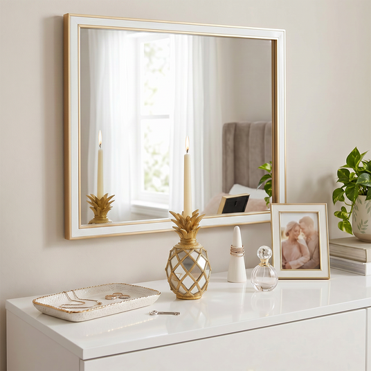 Candle ornament on white console
