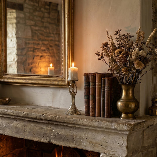Candlestick displayed on stone fireplace shelf