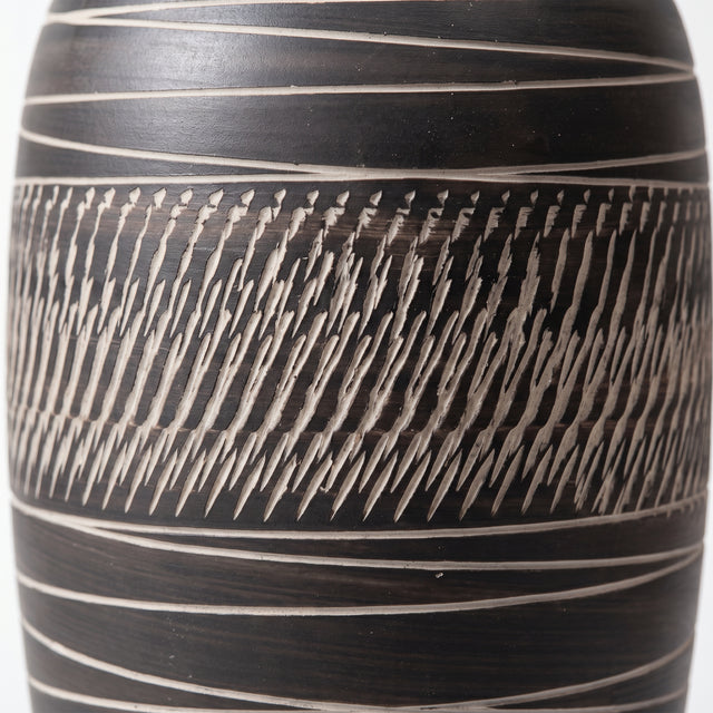 13.7" Modern Black Ceramic Vase, Hand-Carved Textured Stoneware Urn for Entryway, Living Room, Console Table