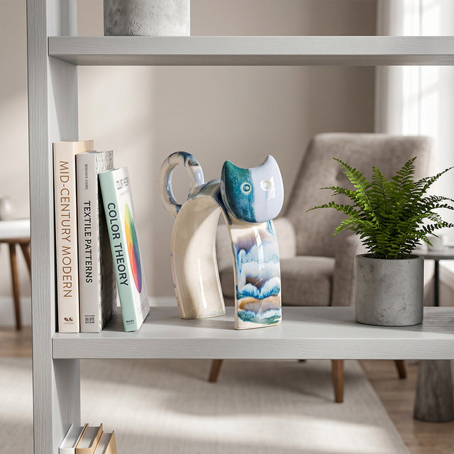 Hand-Painted Ceramic Cat Figurine, Abstract Blue & Ivory Drip-Glaze Sculpture, Modern Decorative Accent for Bookshelf, Console & Mantel