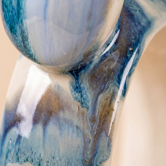 Hand-Painted Ceramic Cat Figurine, Abstract Blue & Ivory Drip-Glaze Sculpture, Modern Decorative Accent for Bookshelf, Console & Mantel