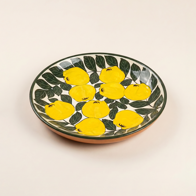 Hand-Painted Ceramic Decorative Plate — Large 14.8" Terracotta Charger with Lemon & Leaf Pattern, Glazed Wall Décor or Serving Platter