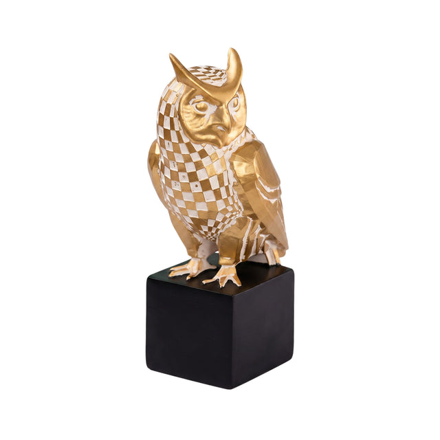 Checkered Gold Owl Resin Sculpture