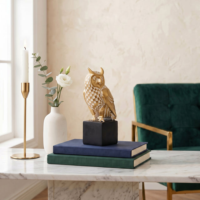 Checkered Owl Sculpture On Marble Table