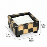 Checkered Wooden Napkin Holder — Rustic Handcrafted Square Cocktail Napkin Caddy with Bun Feet, Distressed Finish