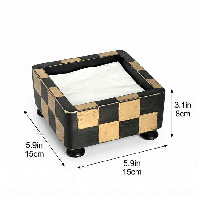 Checkered Wooden Napkin Holder — Rustic Handcrafted Square Cocktail Napkin Caddy with Bun Feet, Distressed Finish