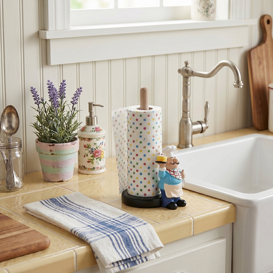 Chef paper towel rack near kitchen sink