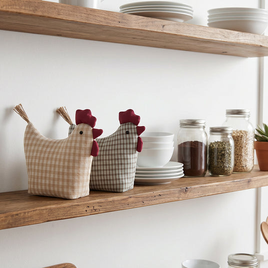 Chicken ornaments on wood shelves
