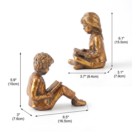 Reading Children Bookend Set of 2 – Antique Gold Resin Boy & Girl Figurine Bookends for Home Library, Office Desk & Vintage Shelf Decor
