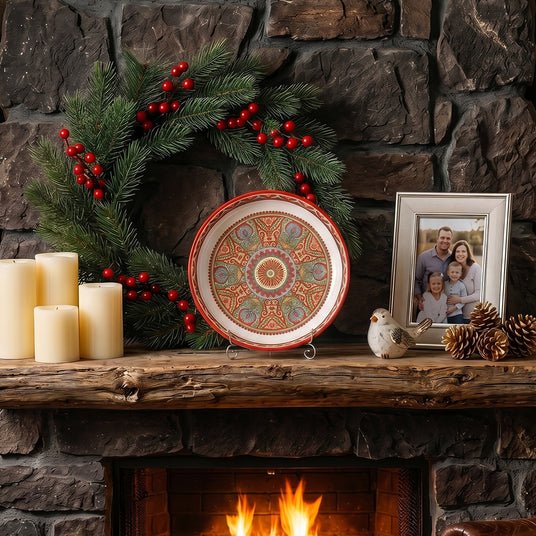 Christmas fireplace wreath decorative plate