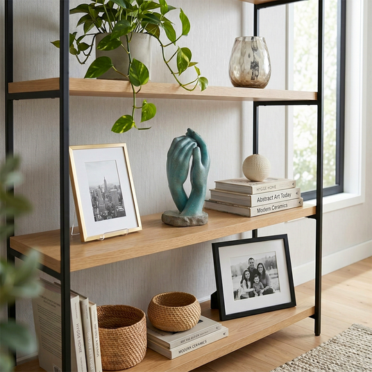 Clasped hand sculpture on metal display shelf